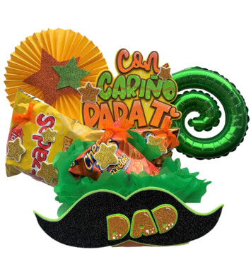 Regalo con mostacho naranja/verde y mensaje